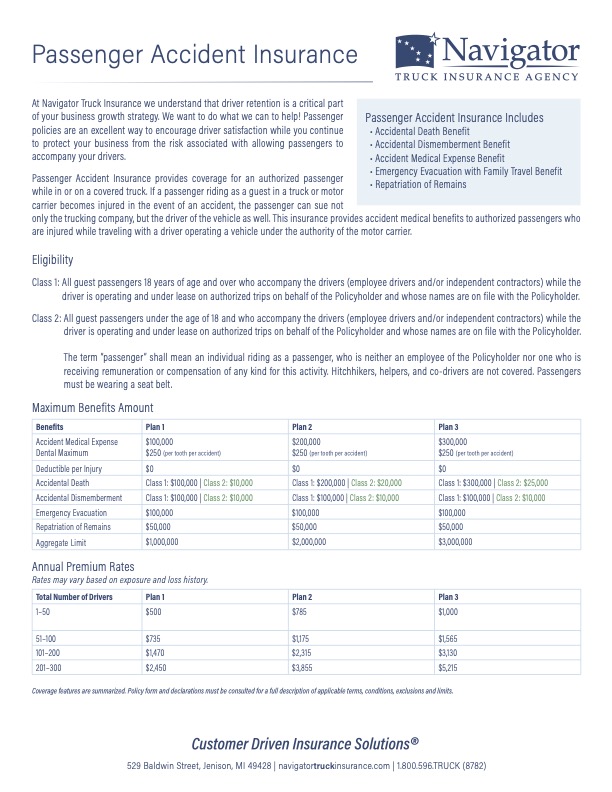 Passenger Accident Insurance data sheet
